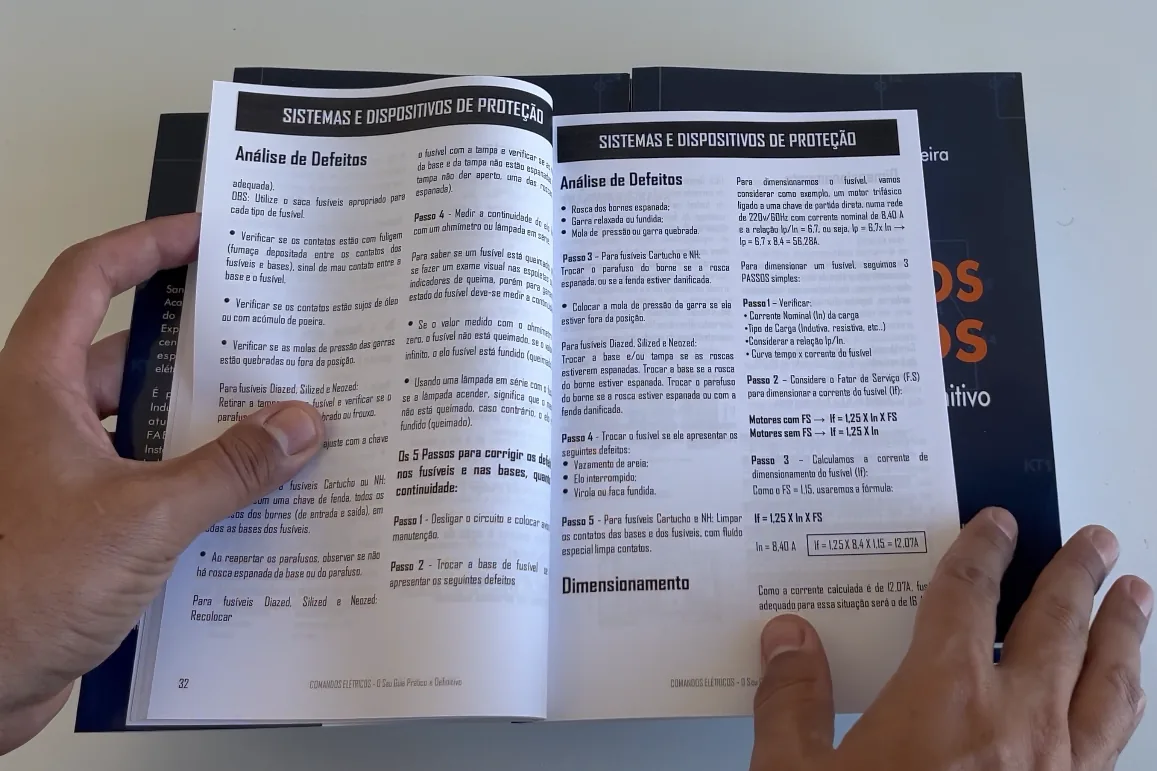 Página interna do livro sobre proteção, fusíveis e dimensionamento